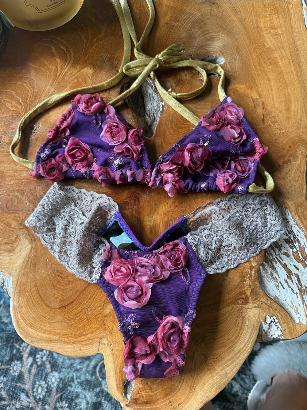 Purple Floral Appliqué Lace Bikini Set - Women Intimates
